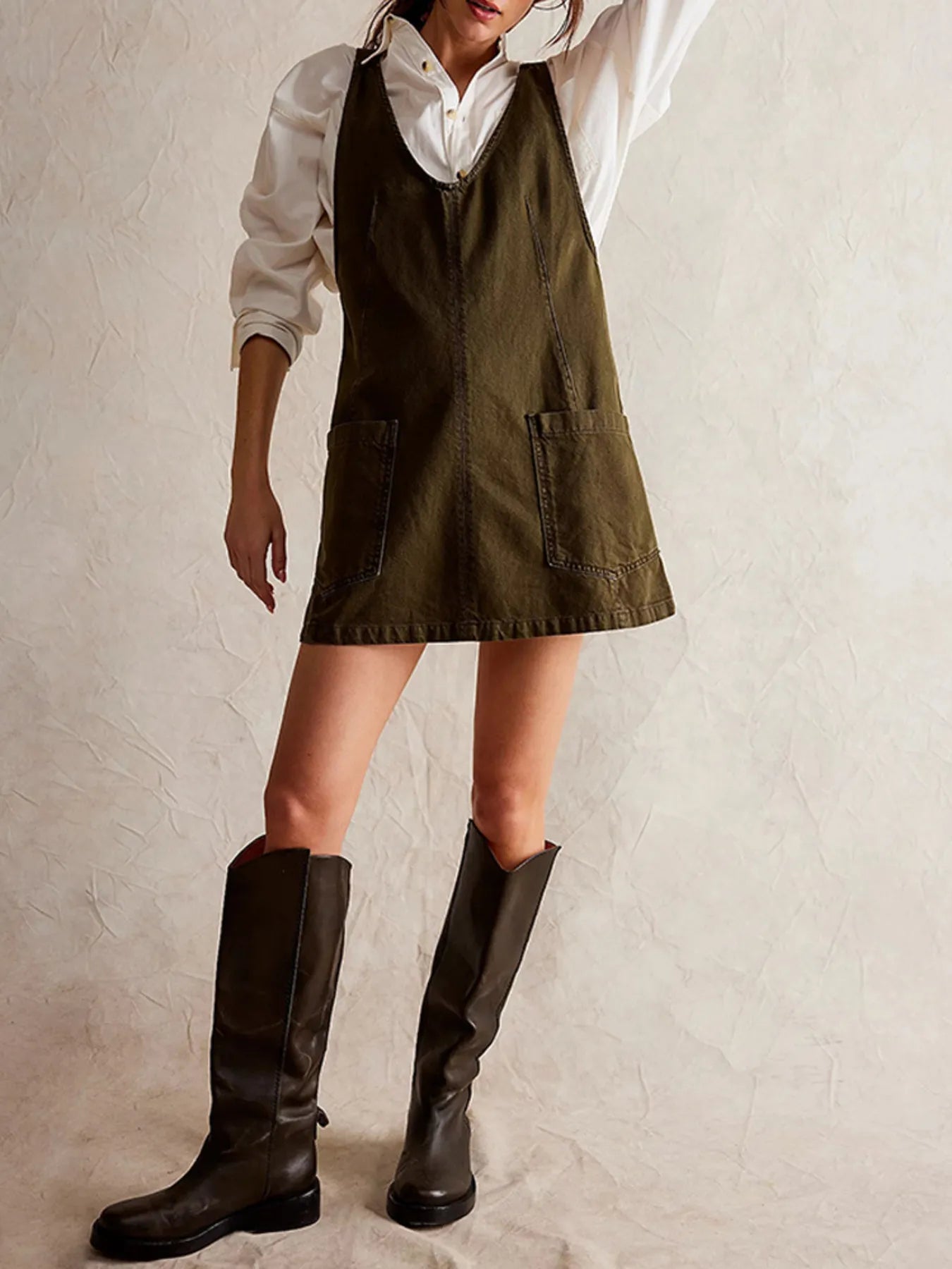Oversized V-Neck Denim Tank Dress with Front Pockets