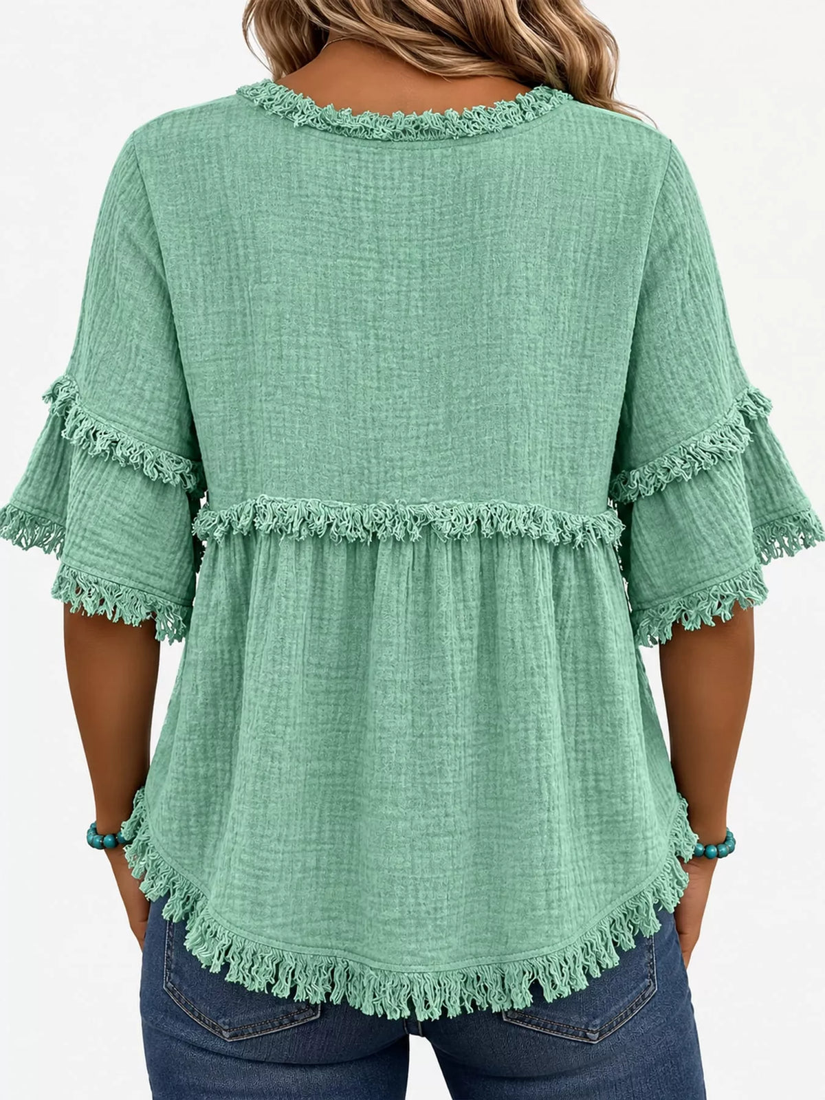 Full Size Frayed Edge Textured Blouse Plus Size
