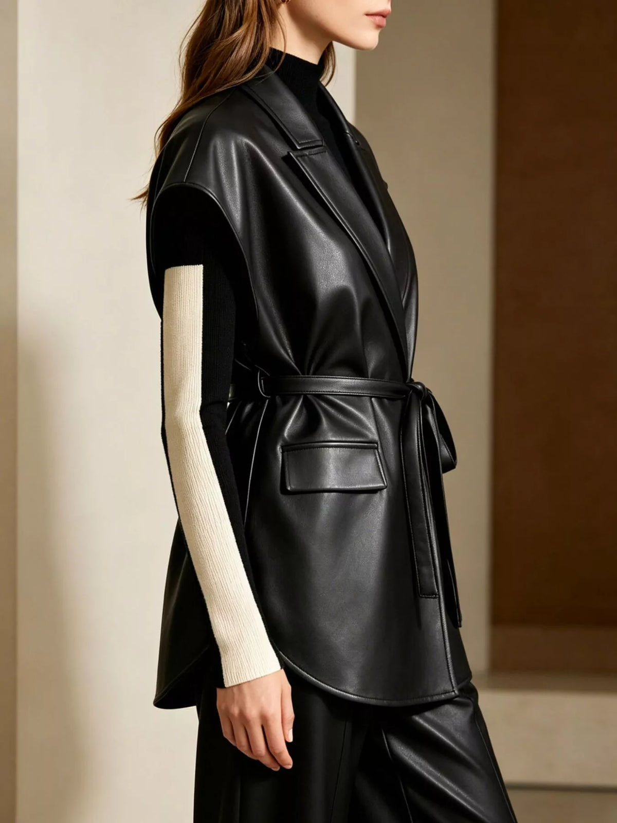 Sleek Faux Leather Belted Vest Coat