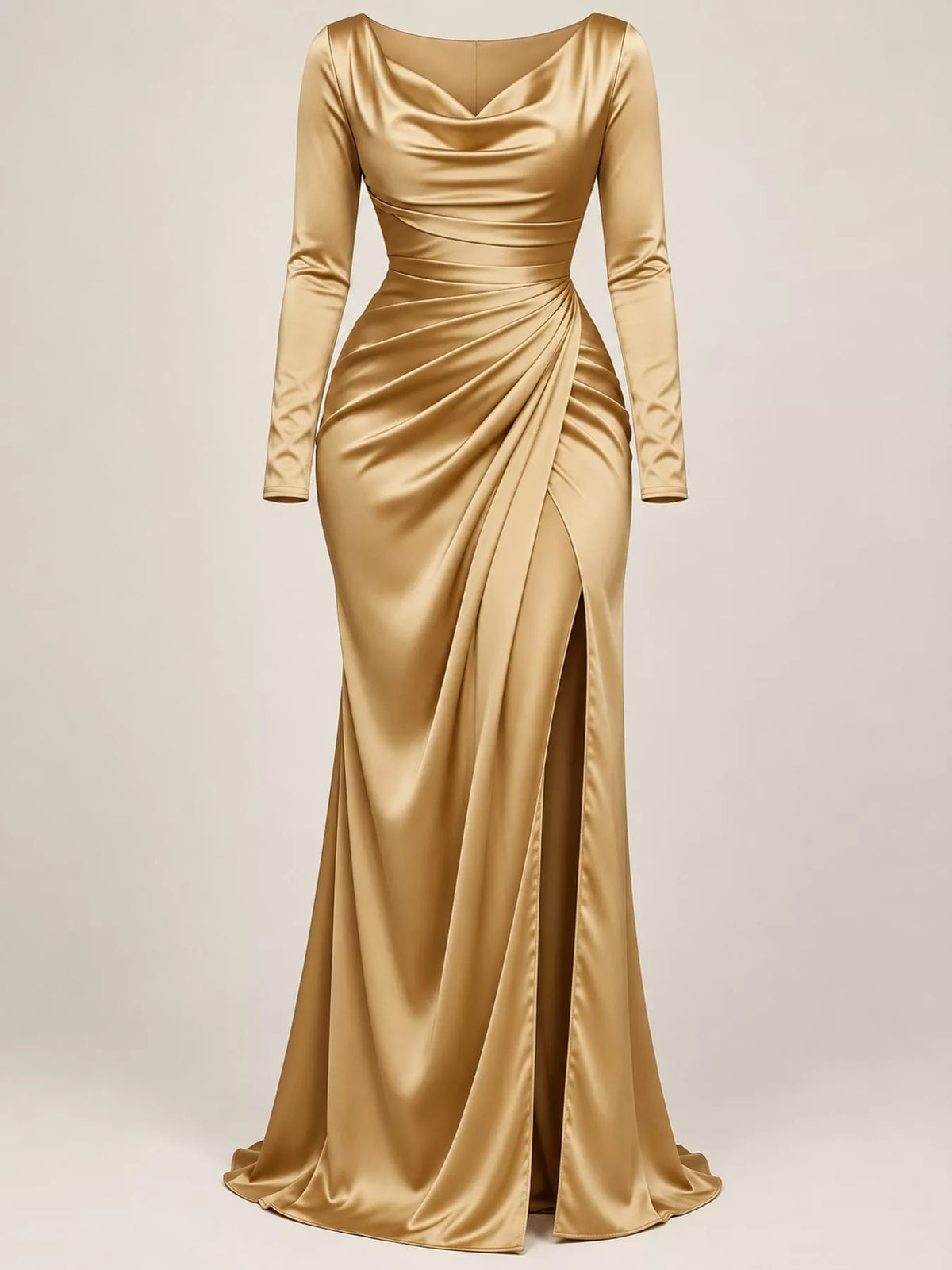 Full Size Satin Cowl Neck High Slit Evening Maxi Dress Plus Size