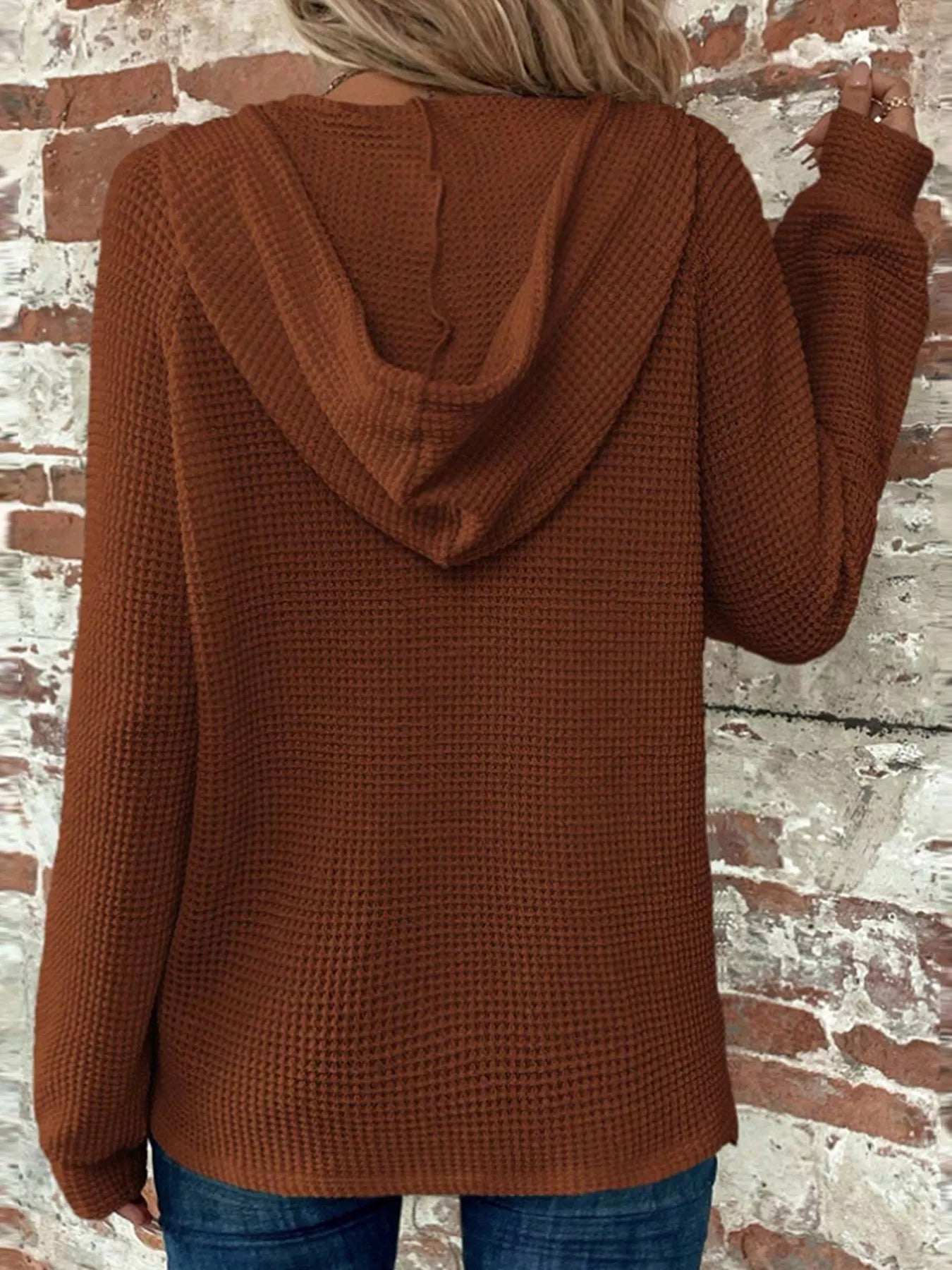 Waffle Knit Hooded Top with Drawstring