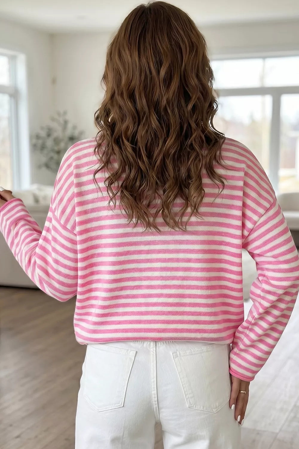 Striped Button Placket Drop Shoulder Long Sleeve Sweater