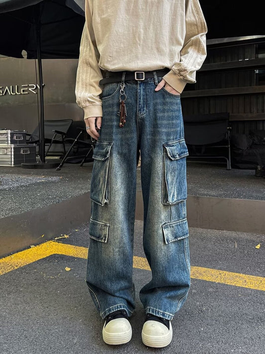 Men's Full Size Vintage Wash Wide Leg Cargo Jeans Plus Size