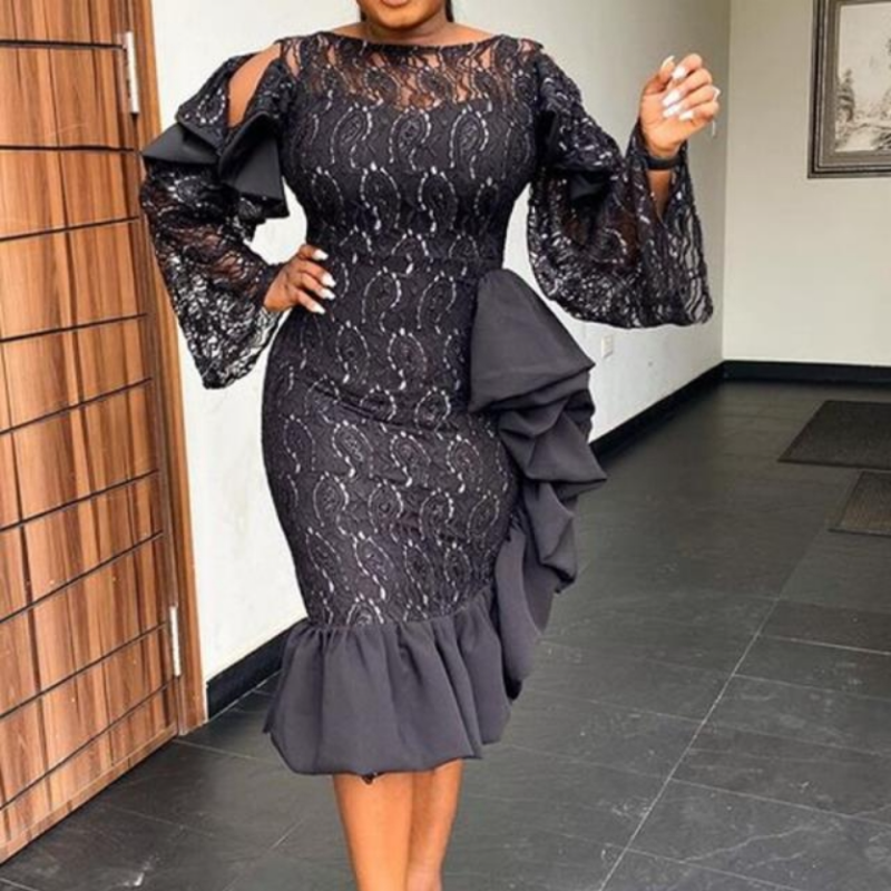 Black Solid Lace Pullover Irregular Large Size Long Sleeve Dress