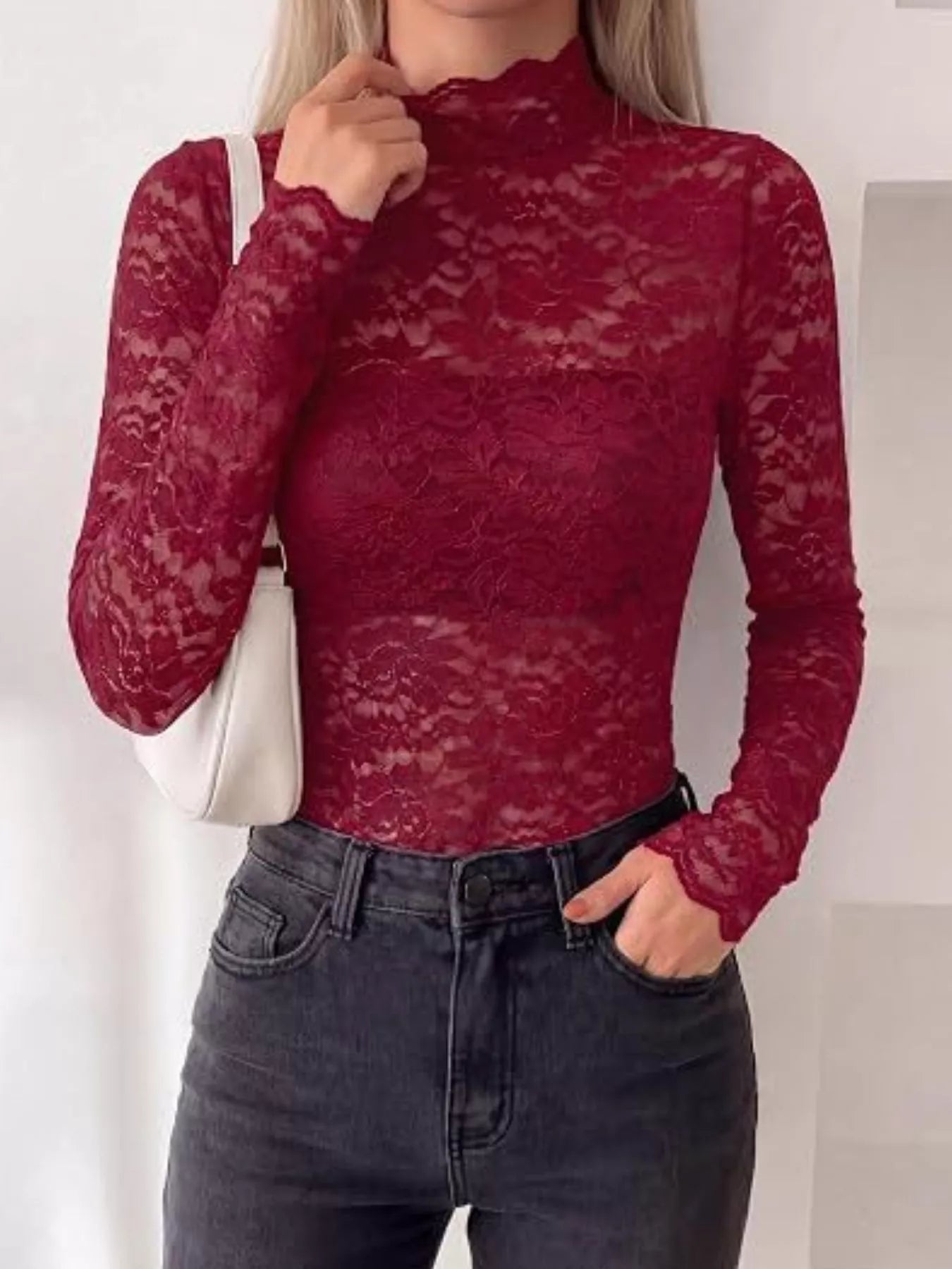 Lace Mock Neck Long Sleeve Top