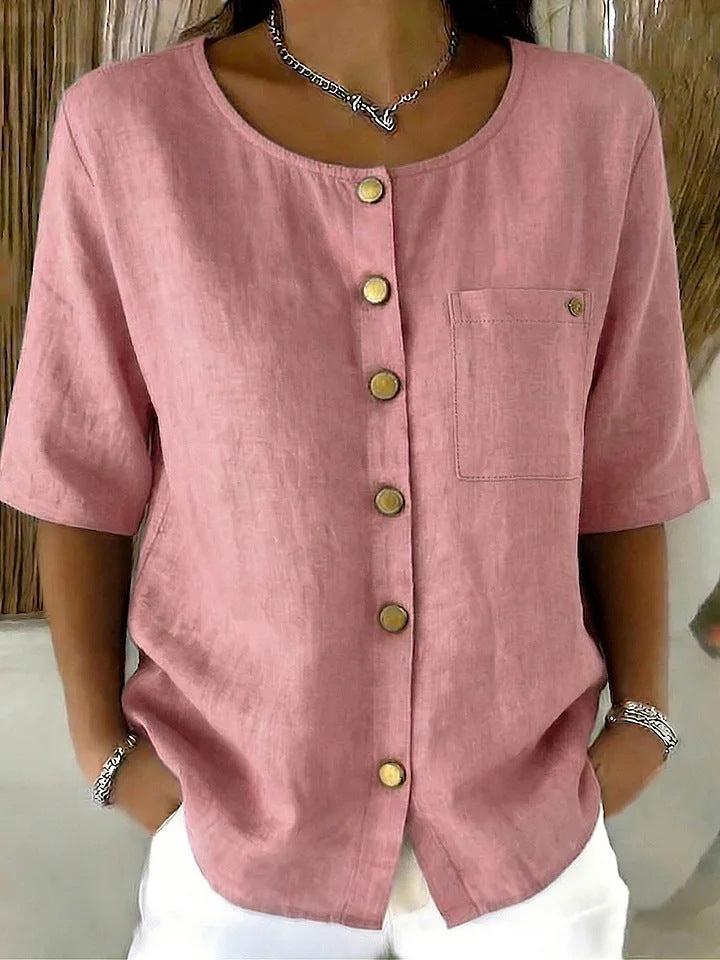 Crew-Neck 3/4 Sleeve Shirt with Metal Buttons – 7 Colors, S–3XL