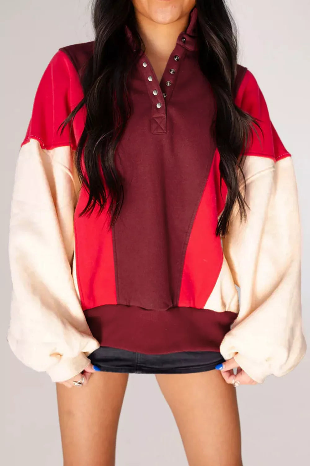 Color-Block Snap-Button Oversized Sweatshirt
