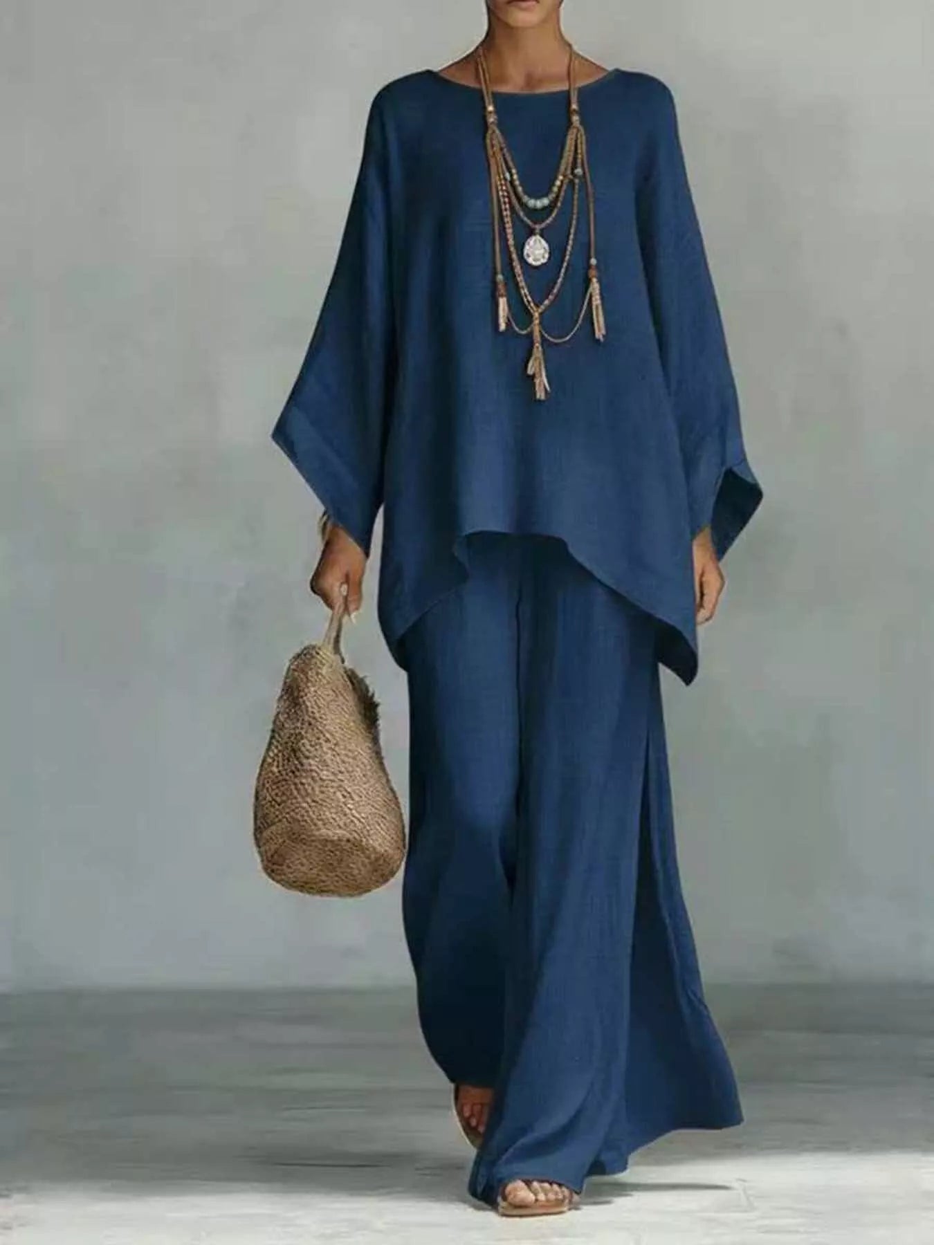 Full Size Round Neck Top and Wide Leg Pants Set Plus Size