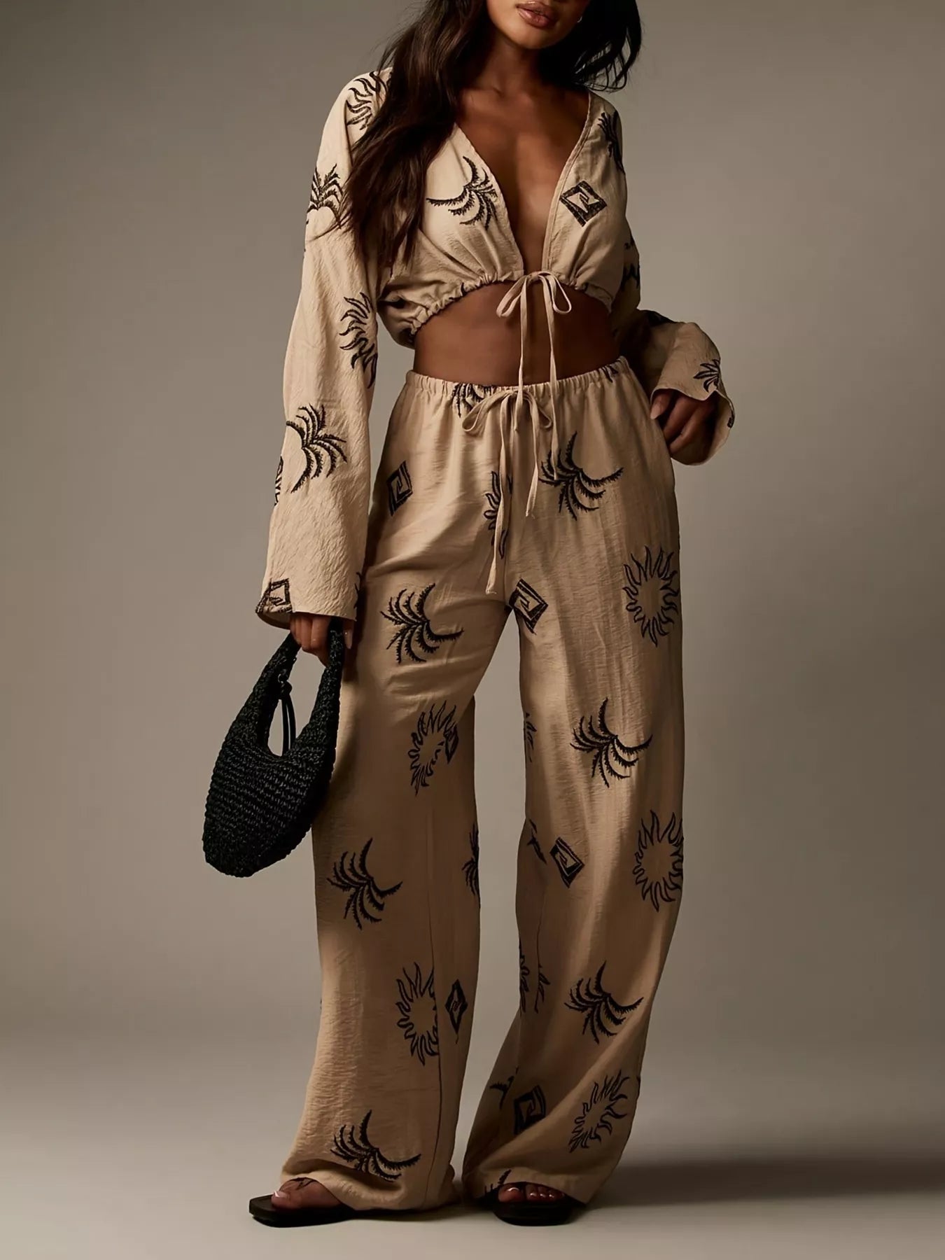 Printed Crop Top and Wide-Leg Pants Set