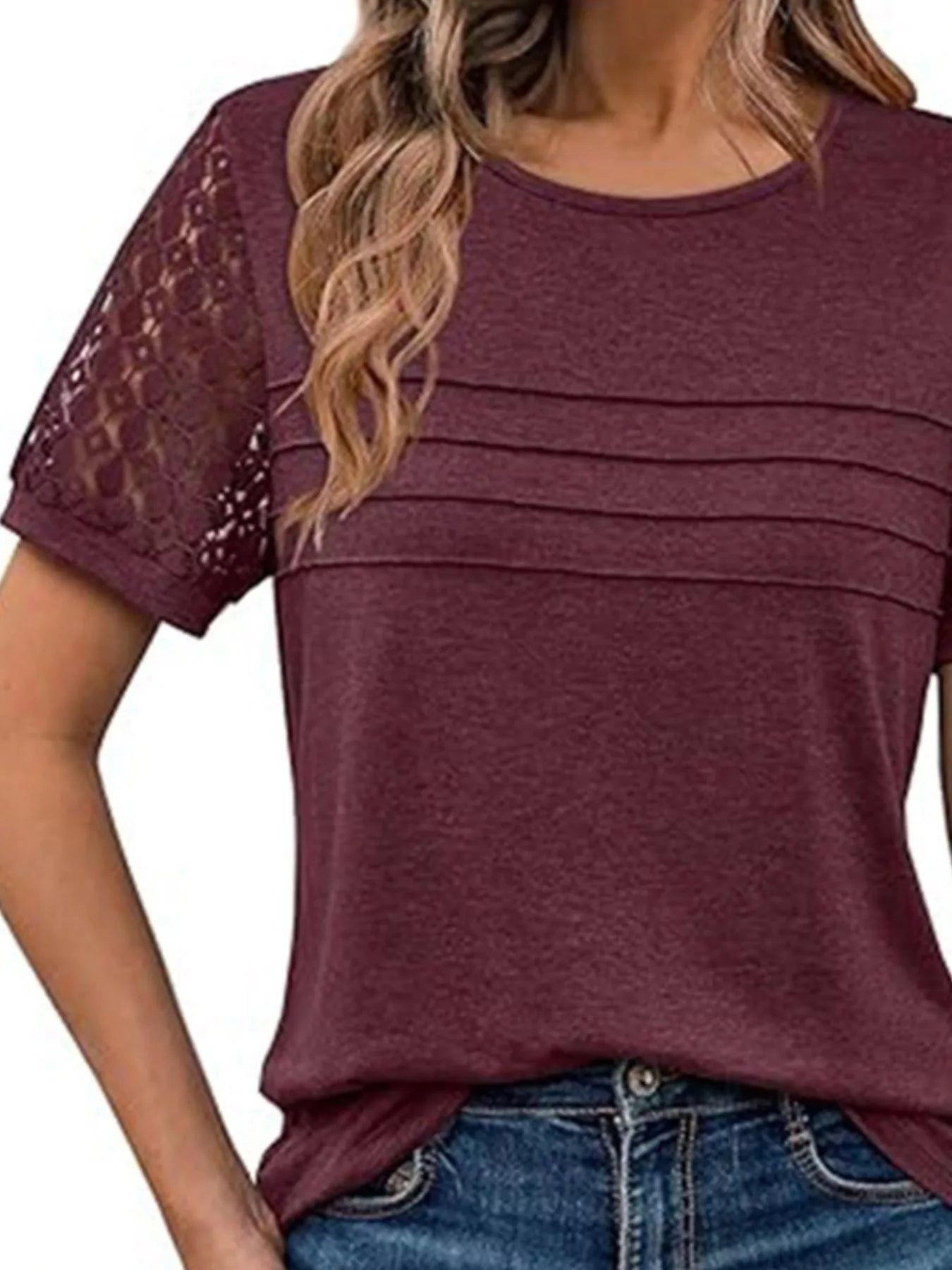 Lace Short Sleeve Round Neck T-Shirt
