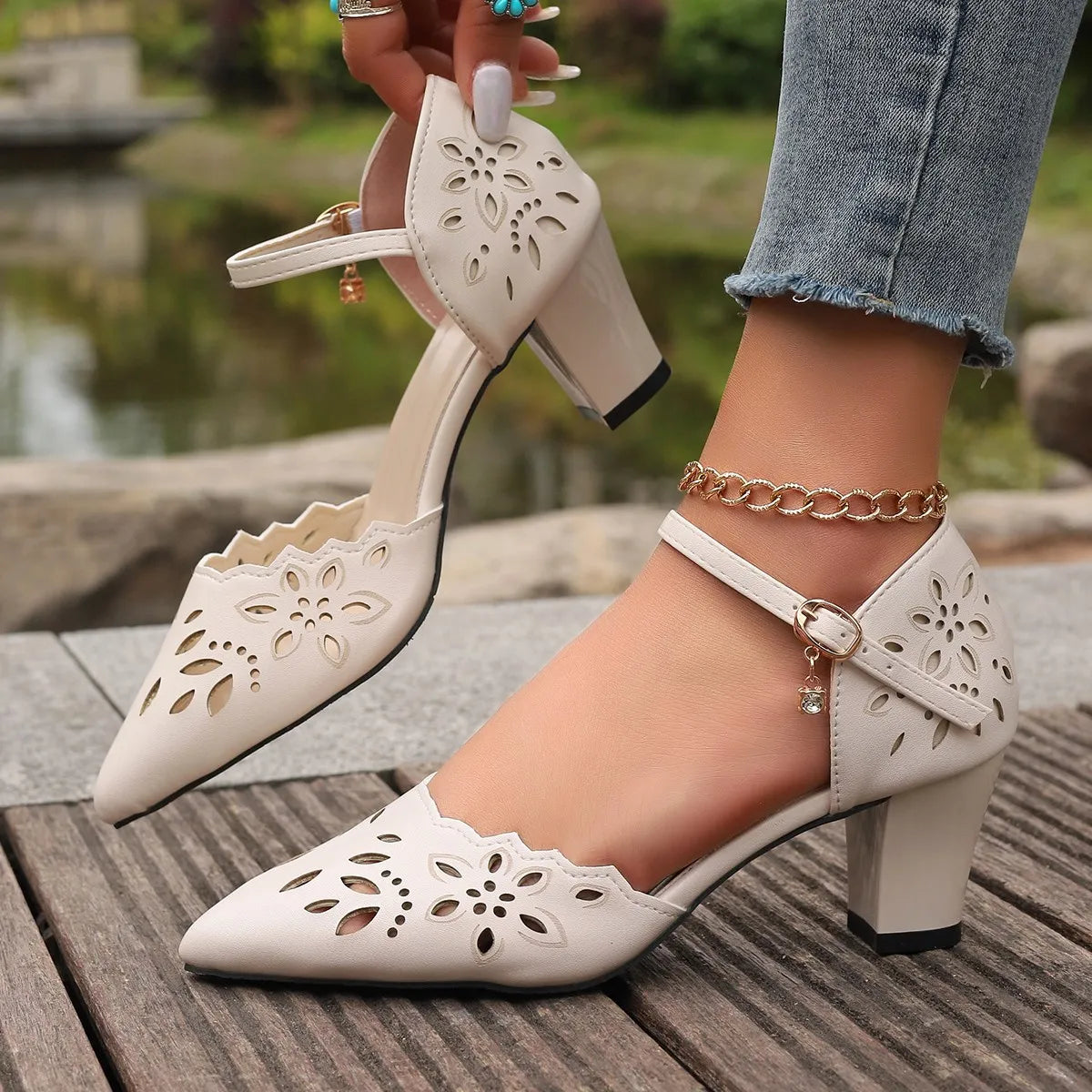 Cutout Point Toe Block Heels Sandals