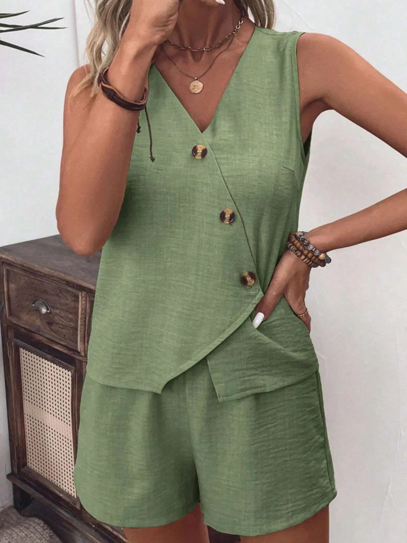 Button Up Vest and Shorts Set