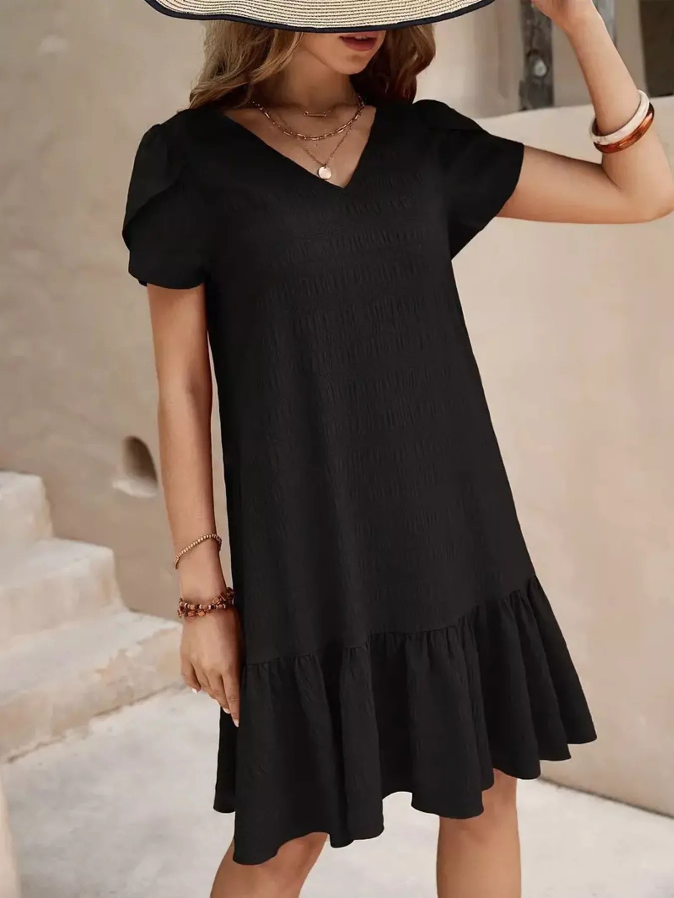 V-Neck Ruffle Hem Textured Mini Dress