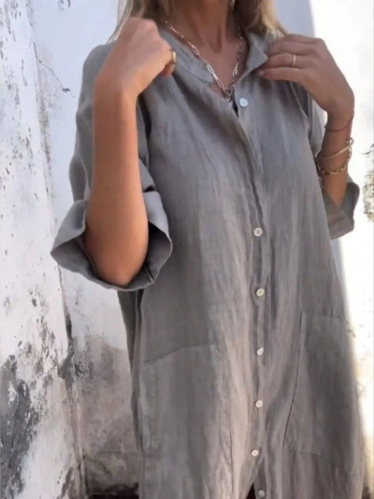 Full Size Casual Linen Button-Down Shirt Dress Plus Size