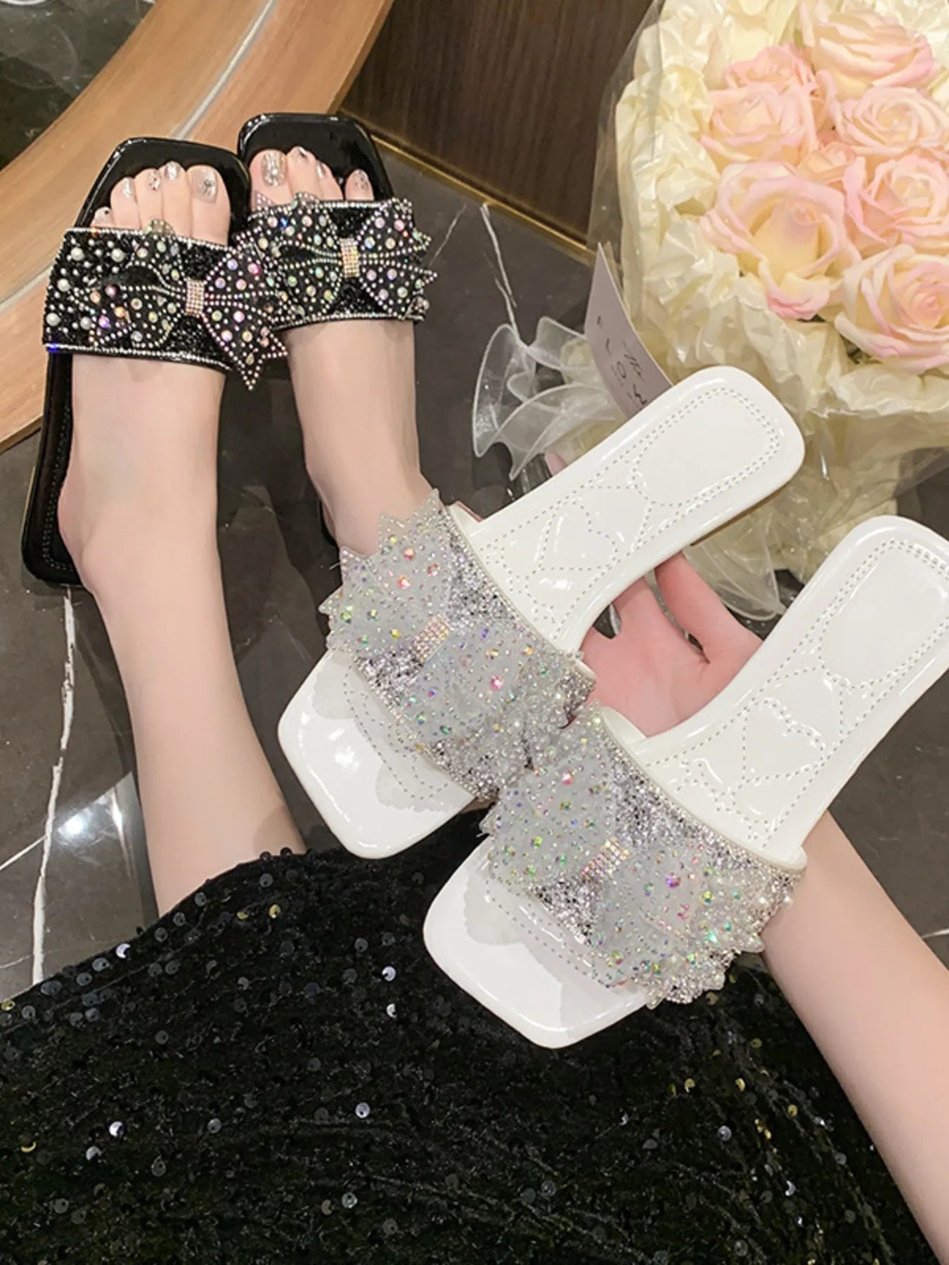 Rhinestone Embellished Flats Slip-On Sandals