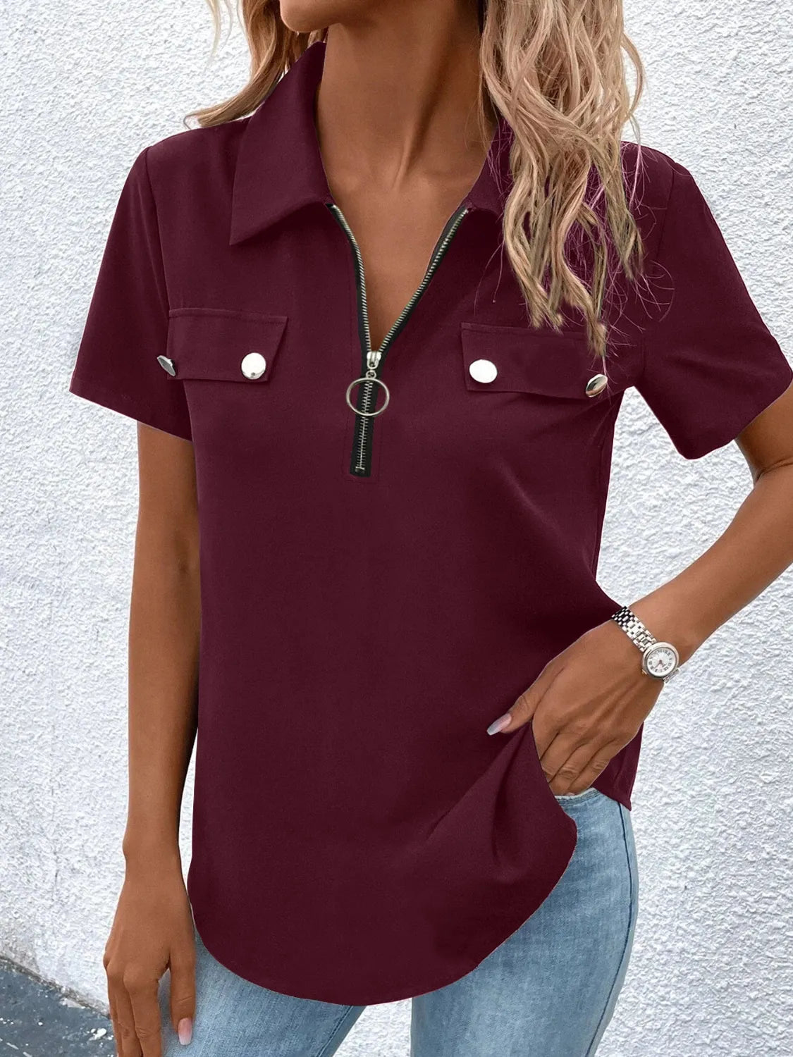 Zip Collar Short Sleeve Top