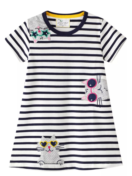 Children's Striped Cat Short Sleeve Dress