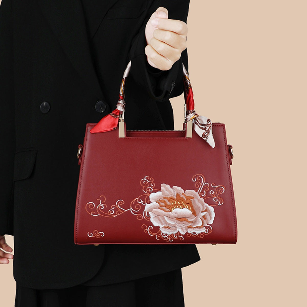 Embroidered Floral Leather Top Handle Handbag