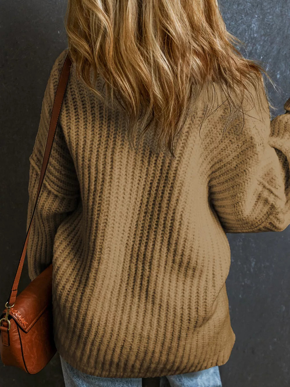 Ribbed Knit Round Neck Slouchy Chunky Sweater