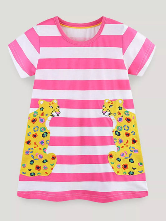 Children's Leopard Striped Short Sleeve Dress