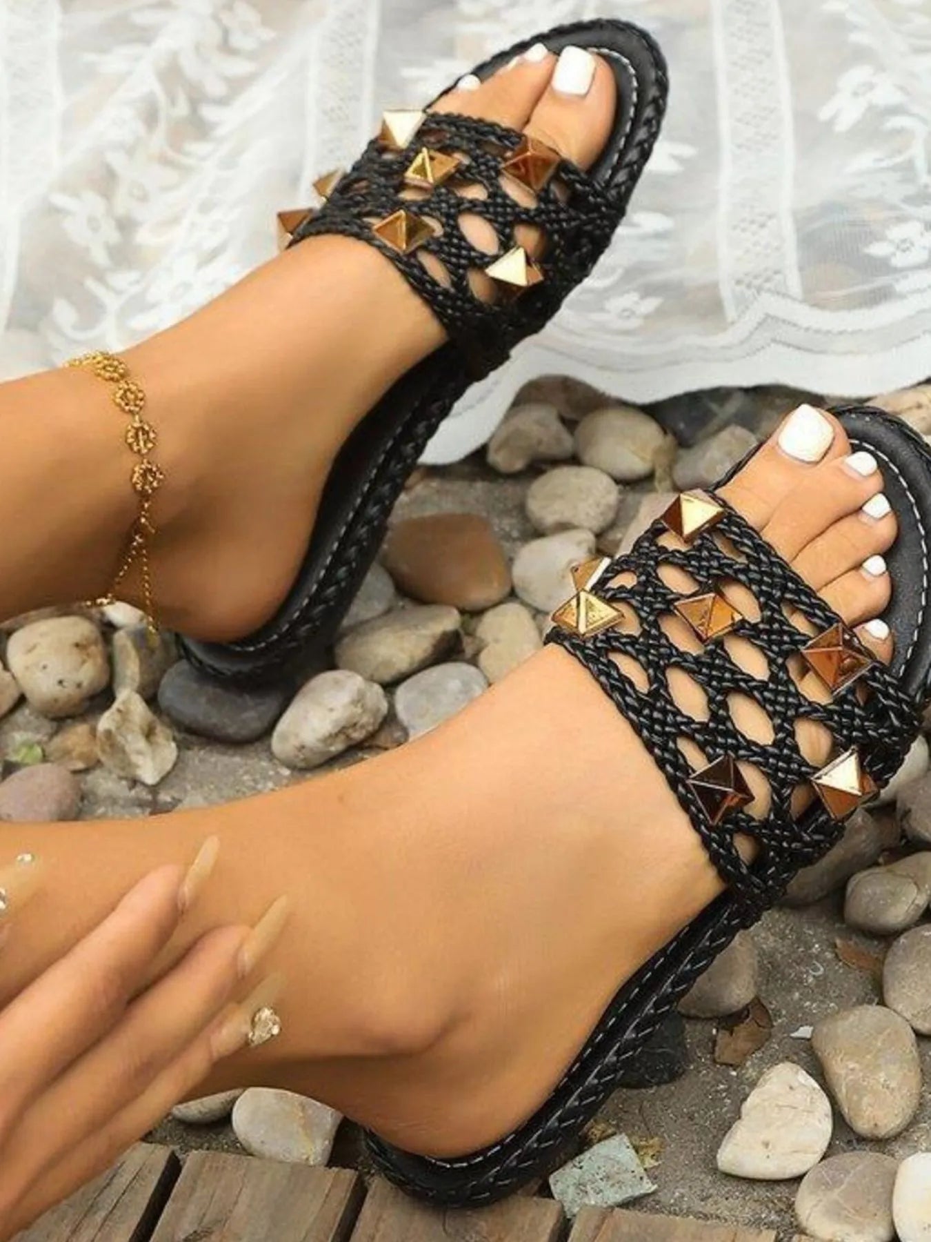 Hollow Out Studded Flat Sandal