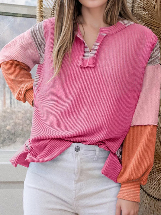Corded Texture Plaid Color Block Patchwork Split Neck Long Sleeve Top