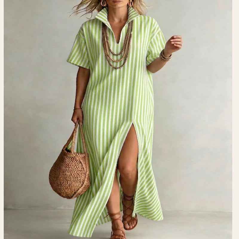 Women's Striped Slit Cotton-Linen Maxi Dress – V-Neck Short Sleeve