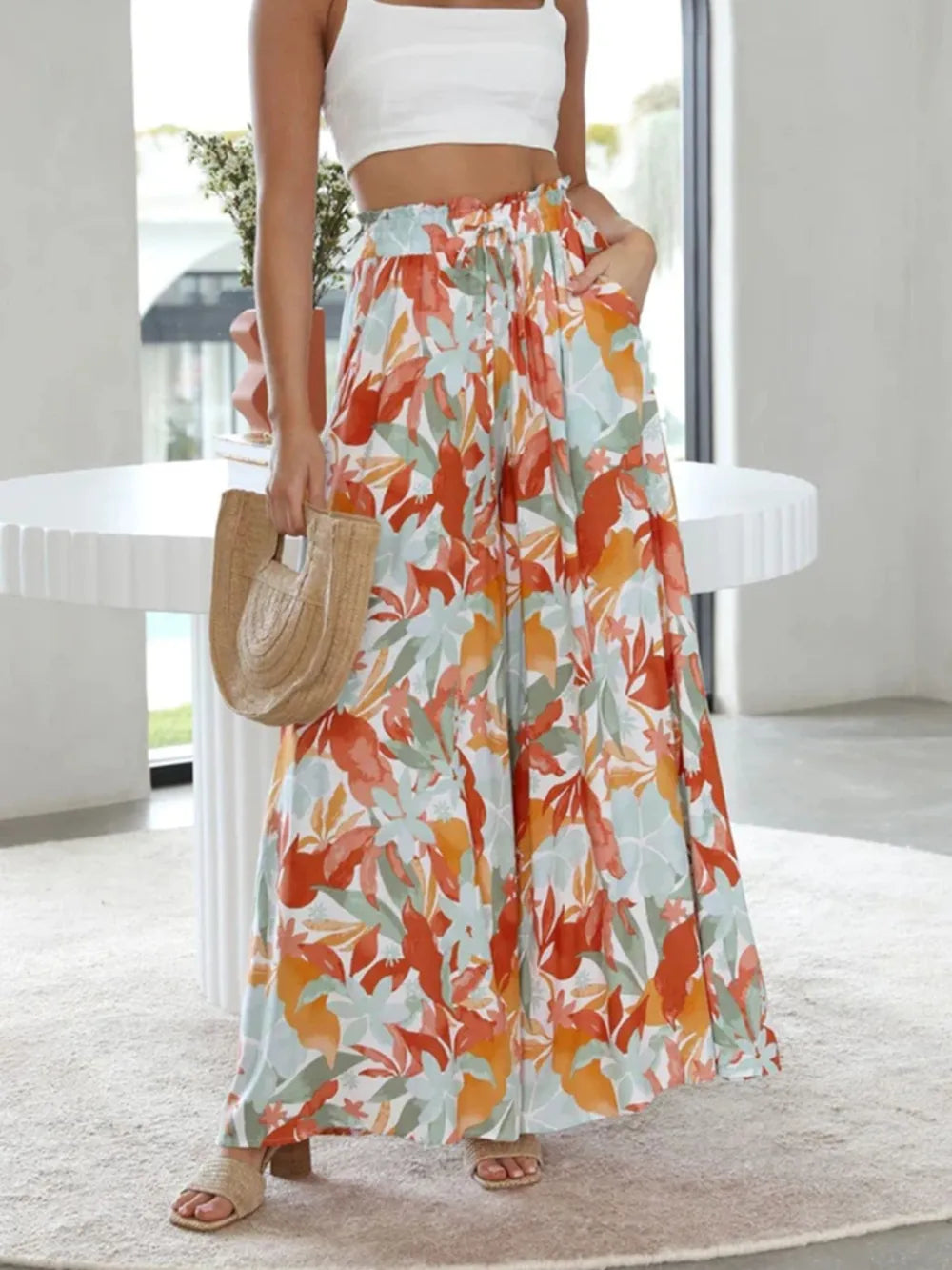Drawstring Paperbag Waist Printed Wide Leg Pants