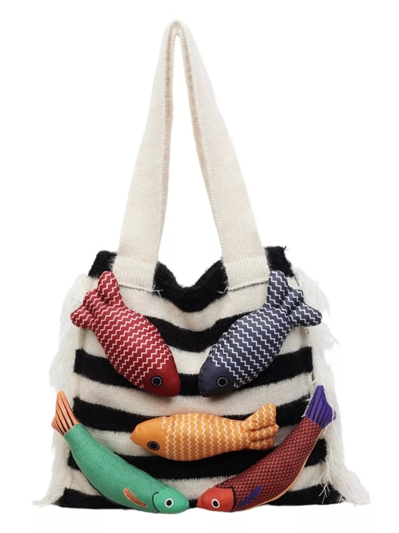 Fish Decor Striped Knit Handbag