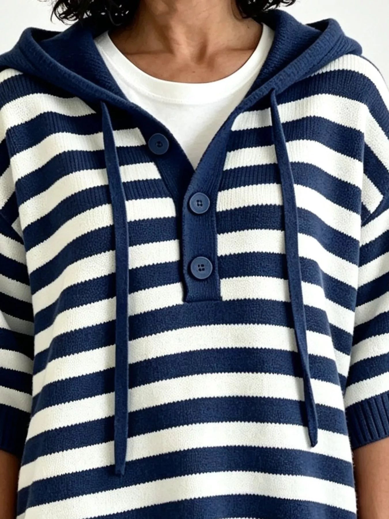 Striped Hooded Sweater with Button Detail