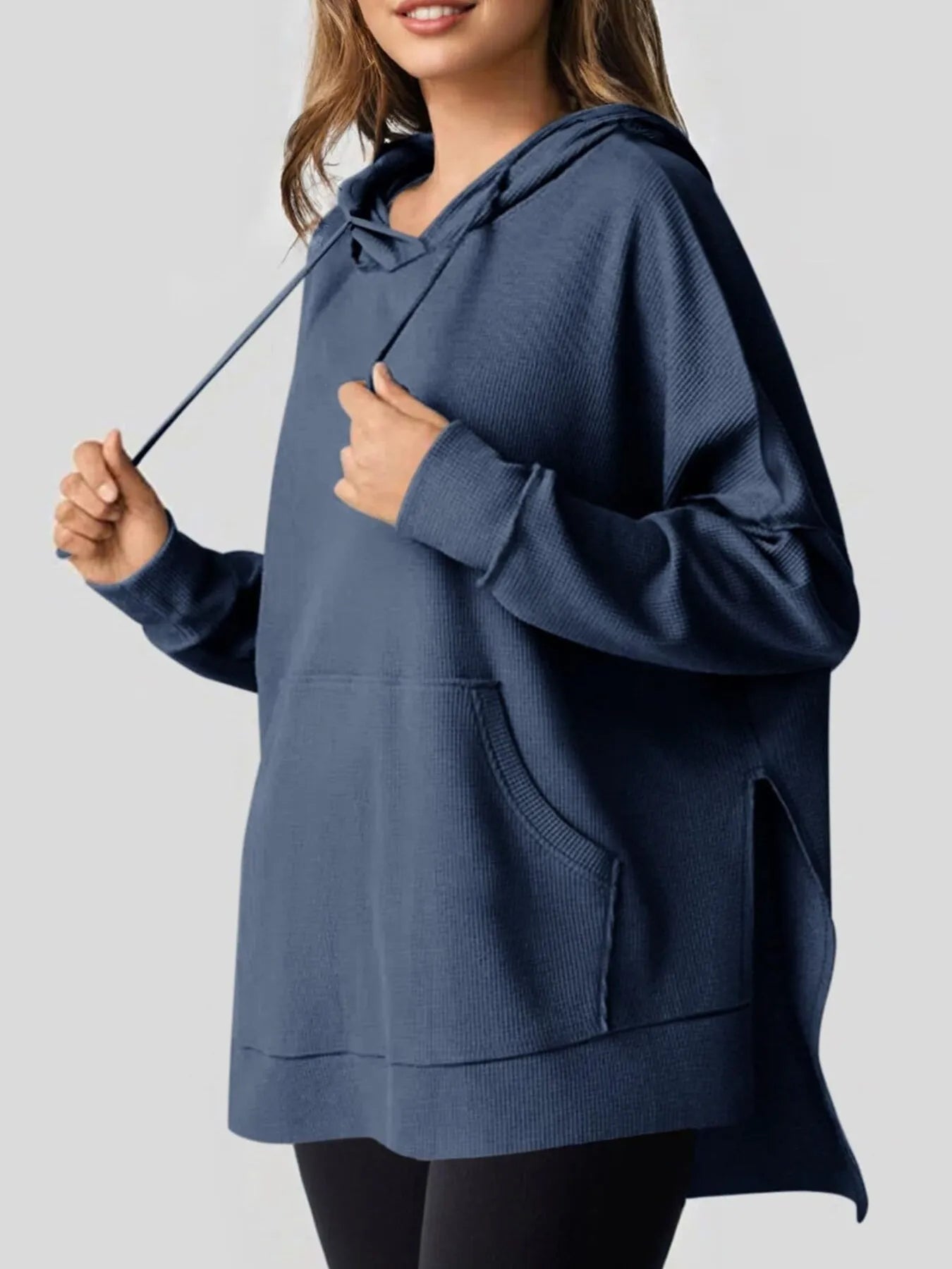 Slit Drawstring Waffle Knit Hoodie