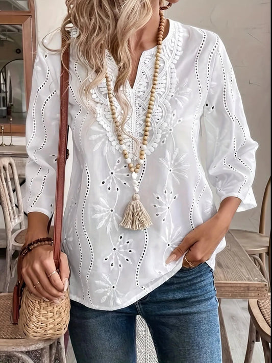 Eyelet Embroidered Notched Blouse