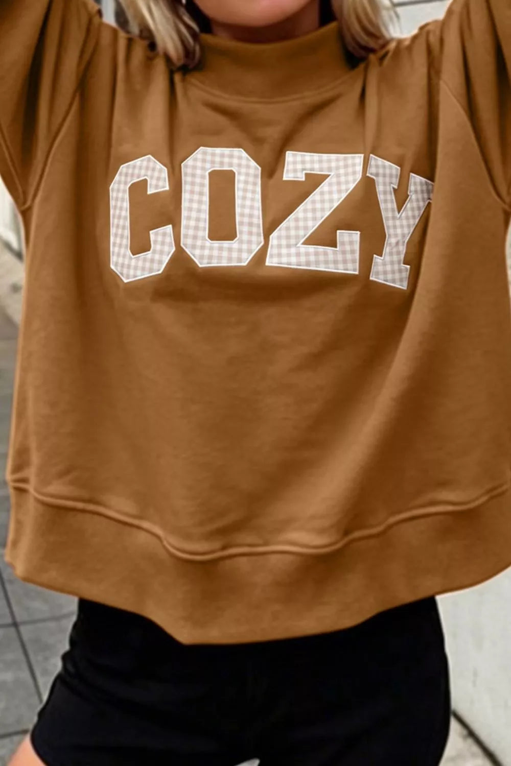 Gingham Letter Mock Neck Sweatshirt