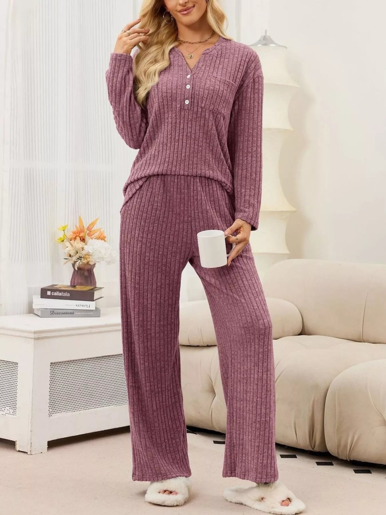 Ribbed Knit Top and Wide-Leg Pants Set