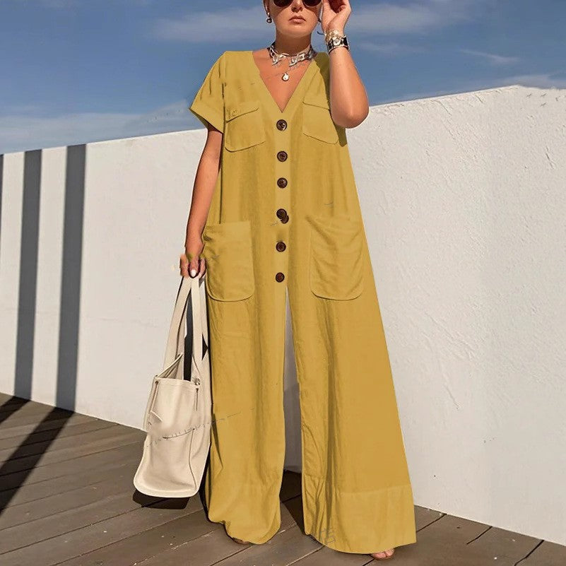 Women's Loose V-Neck Button Jumpsuit – Wide Leg Plus Size