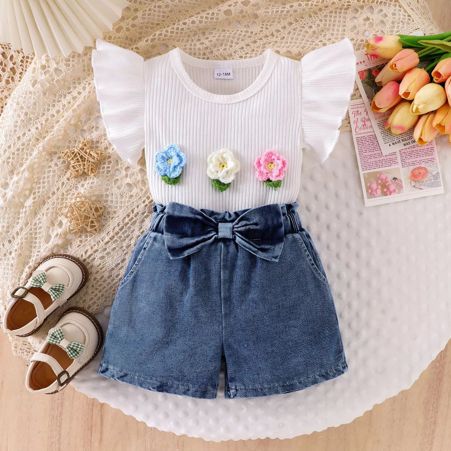 Children's Ruffled Flower Top and Denim Shorts Set