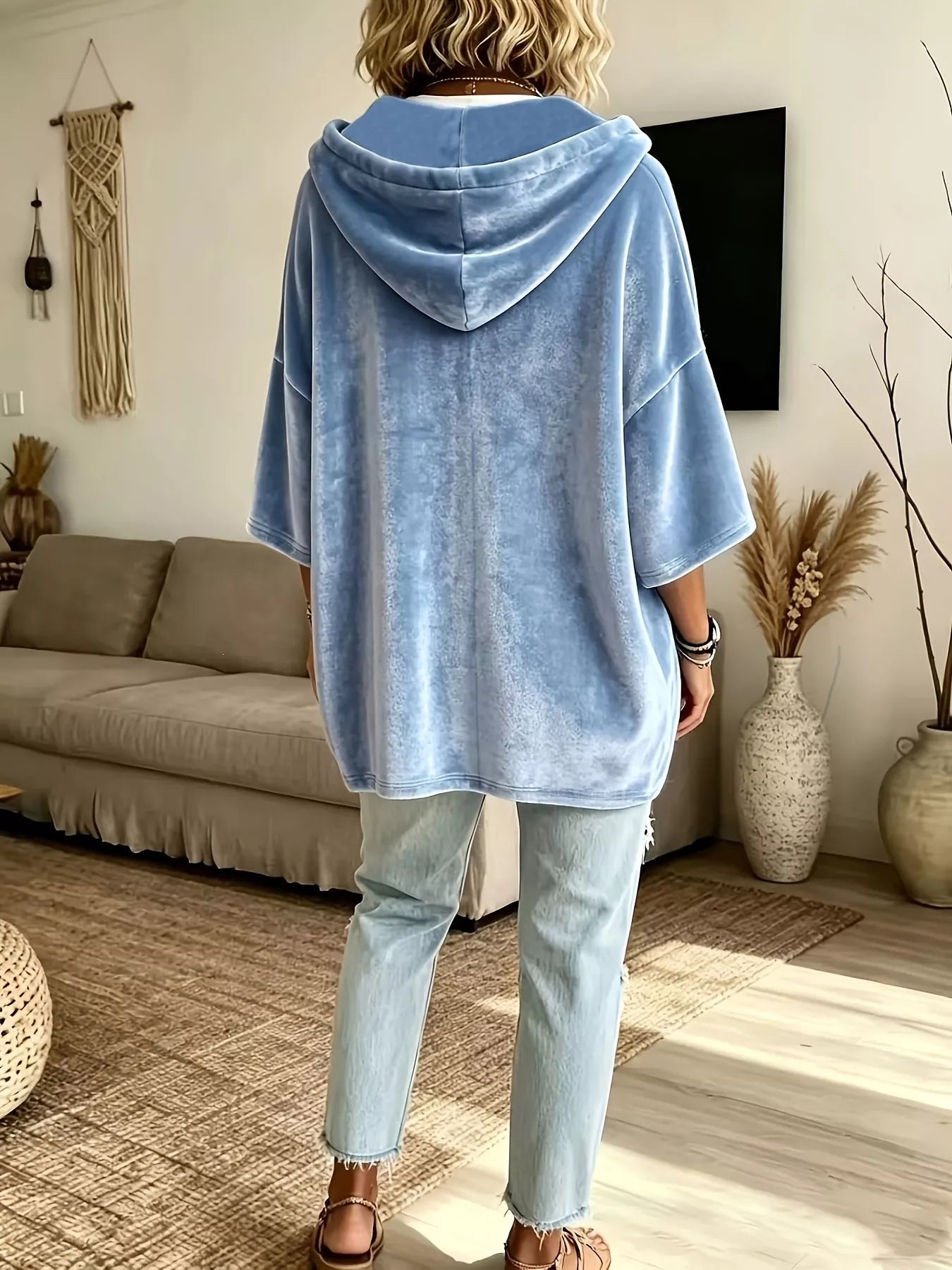 Full Size Velvet Button Detail Drawstring Hoodie Plus Size