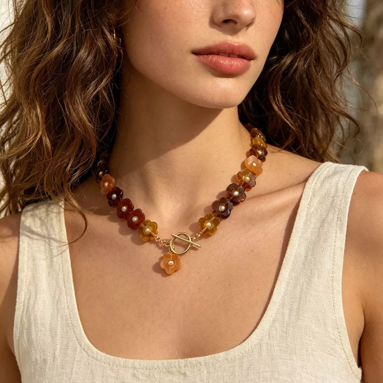 Retro Resin Flower Charm Necklace