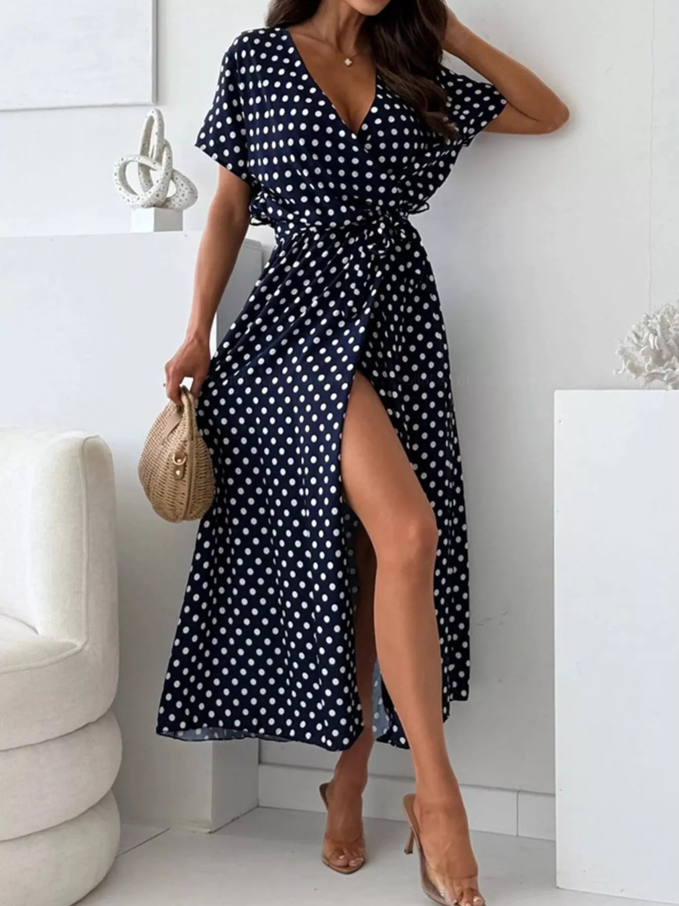 Polka Dot Surplice Maxi Dress with Slit