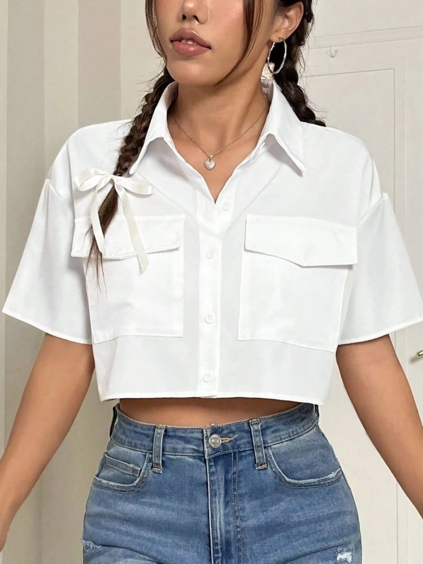 Short Sleeve Crop Shirt with Chest Pockets