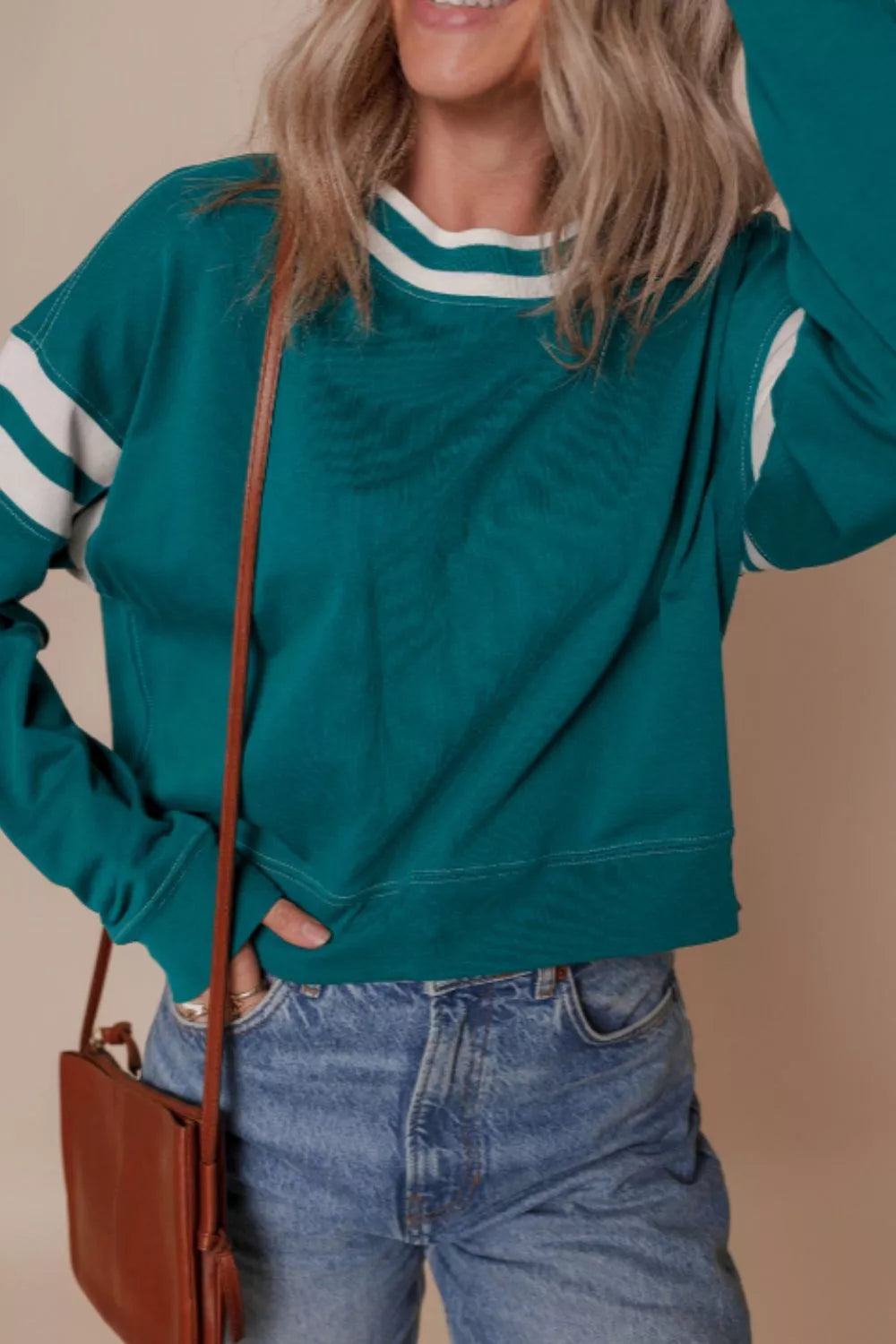 Contrast Striped Patchwork Round Neck Drop Shoulder Sweatshirt
