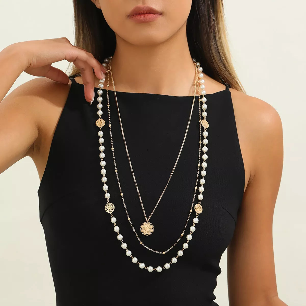 Multi-Layered Pearl and Coin Pendant Necklace