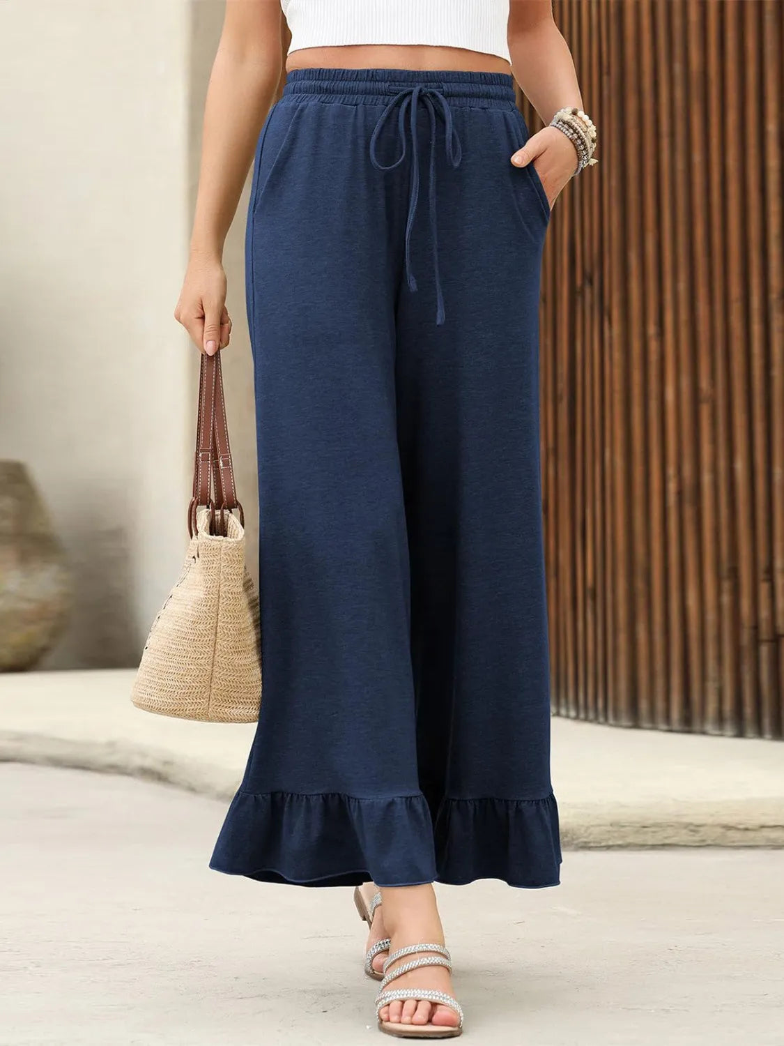 Ruffled Hem Wide Leg Pants