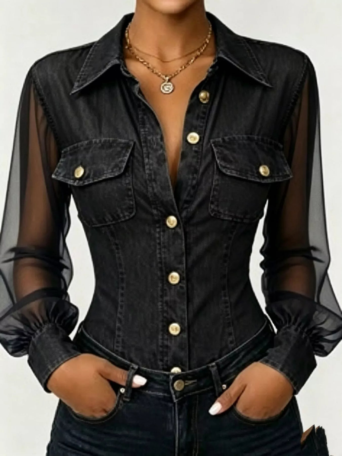 Full Size Slim-Fit Sheer Mesh Long Sleeves Shirt Plus Size