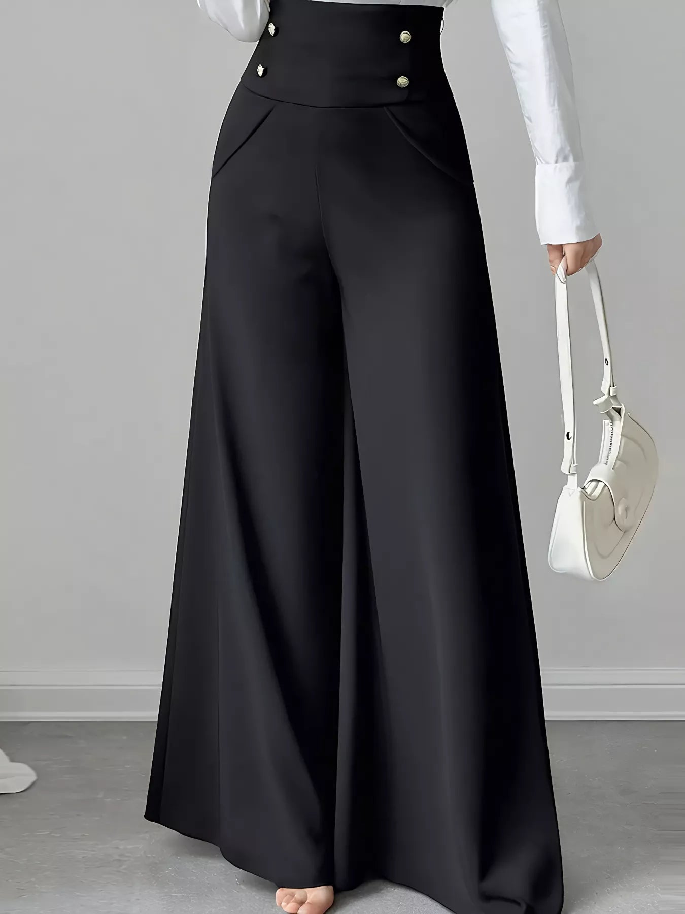 High Waist Wide Leg Button Decor Pants