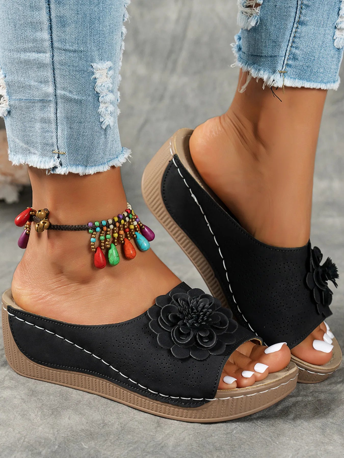 Flower Peep Toe Wedge Sandals