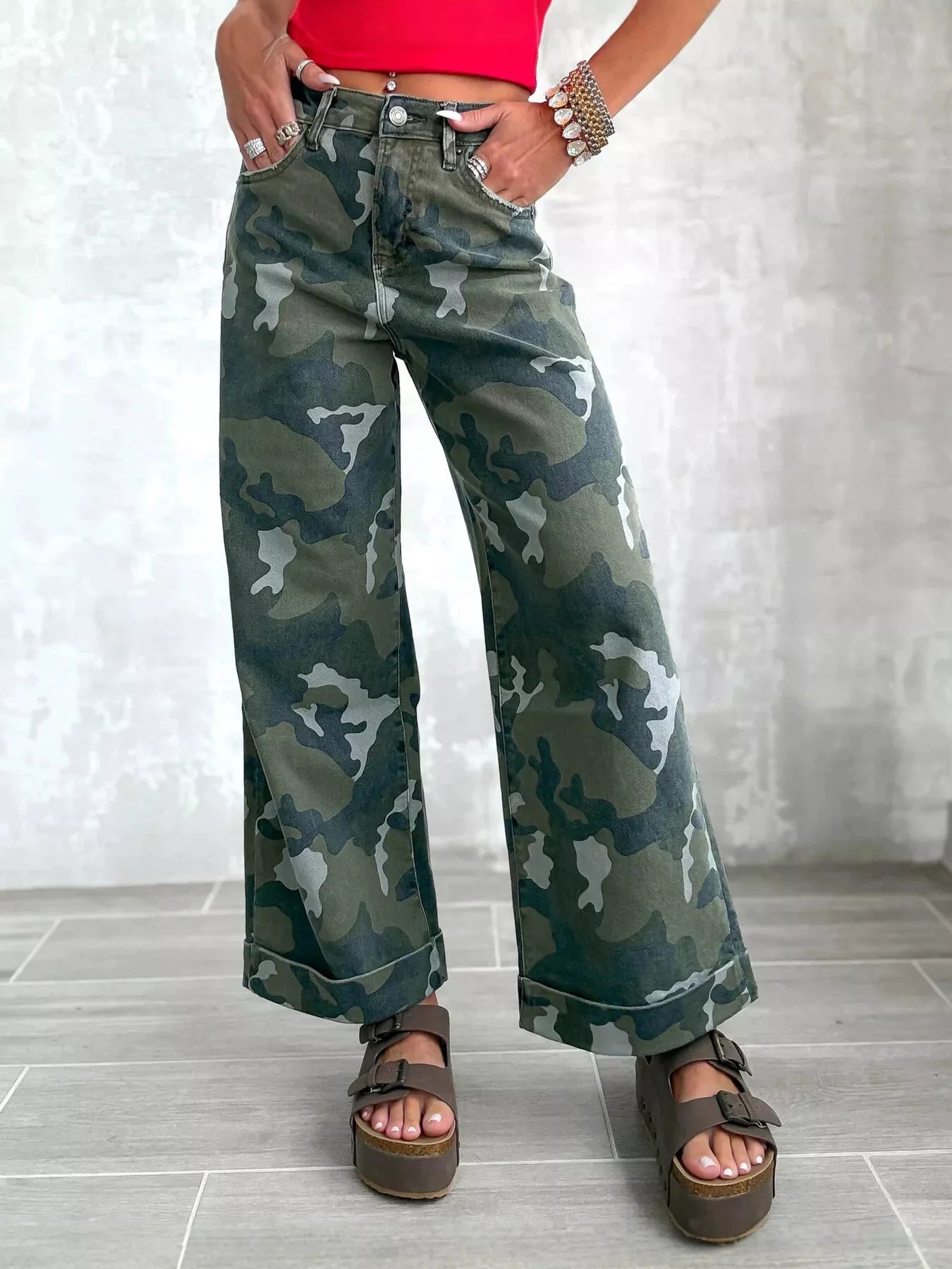 High-Waisted Camouflage Wide-Leg Jeans