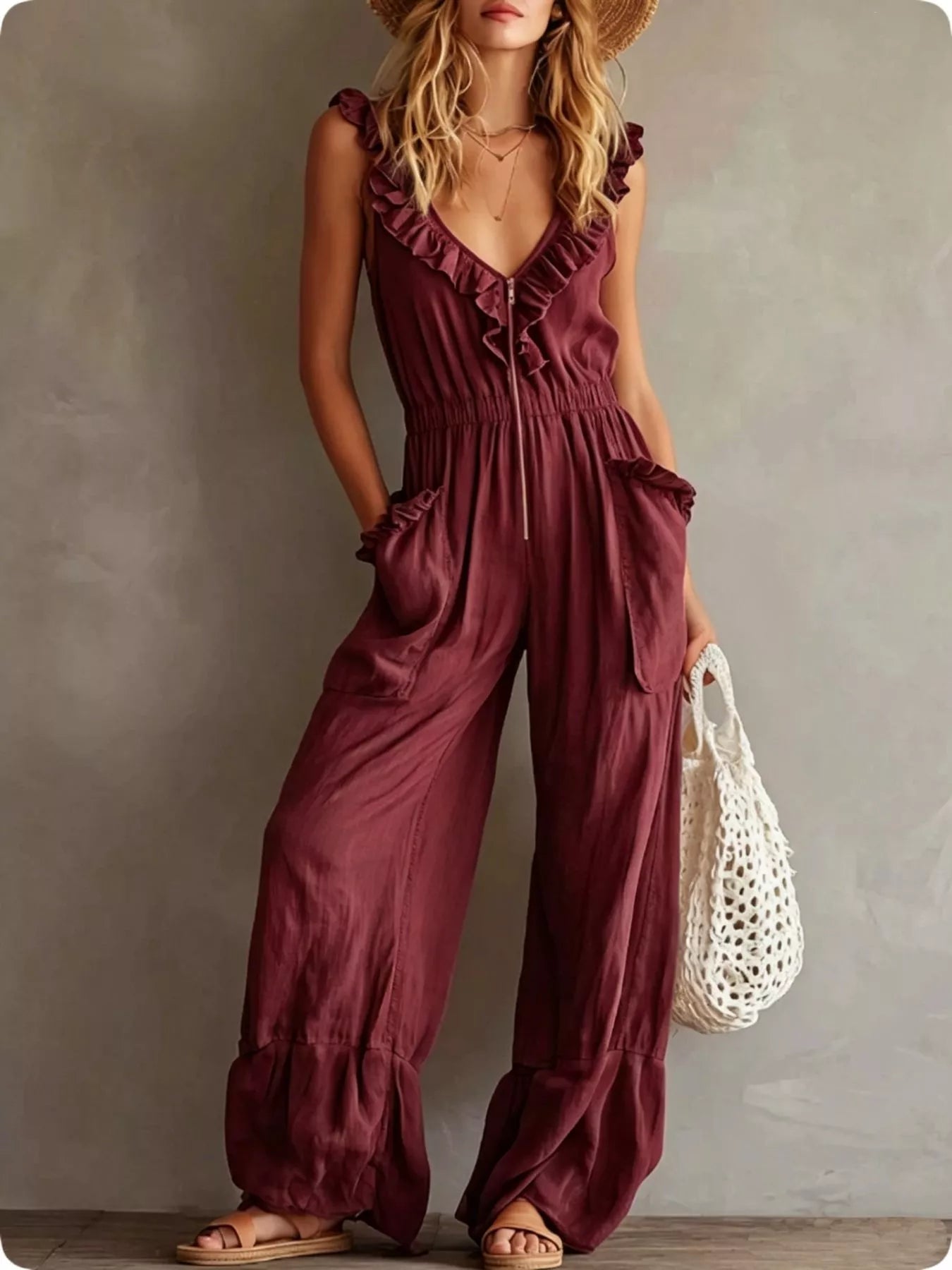 Ruffled V-Neck Wide Leg Jumpsuit