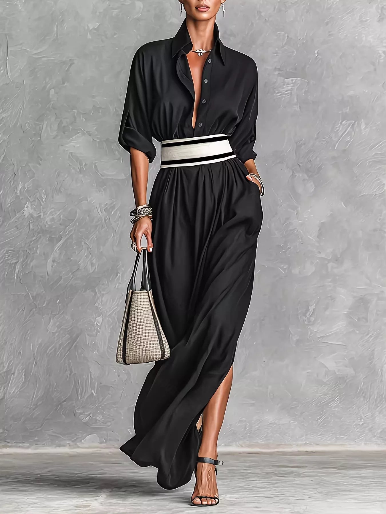 Slit Roll-Up Sleeve Maxi Dress