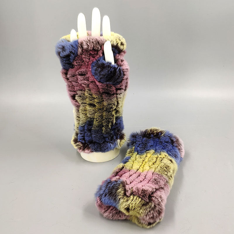 Winter Wristband Mid-Length Gloves - Rex Rabbit Fur Insulation With Striped Half-Finger Design